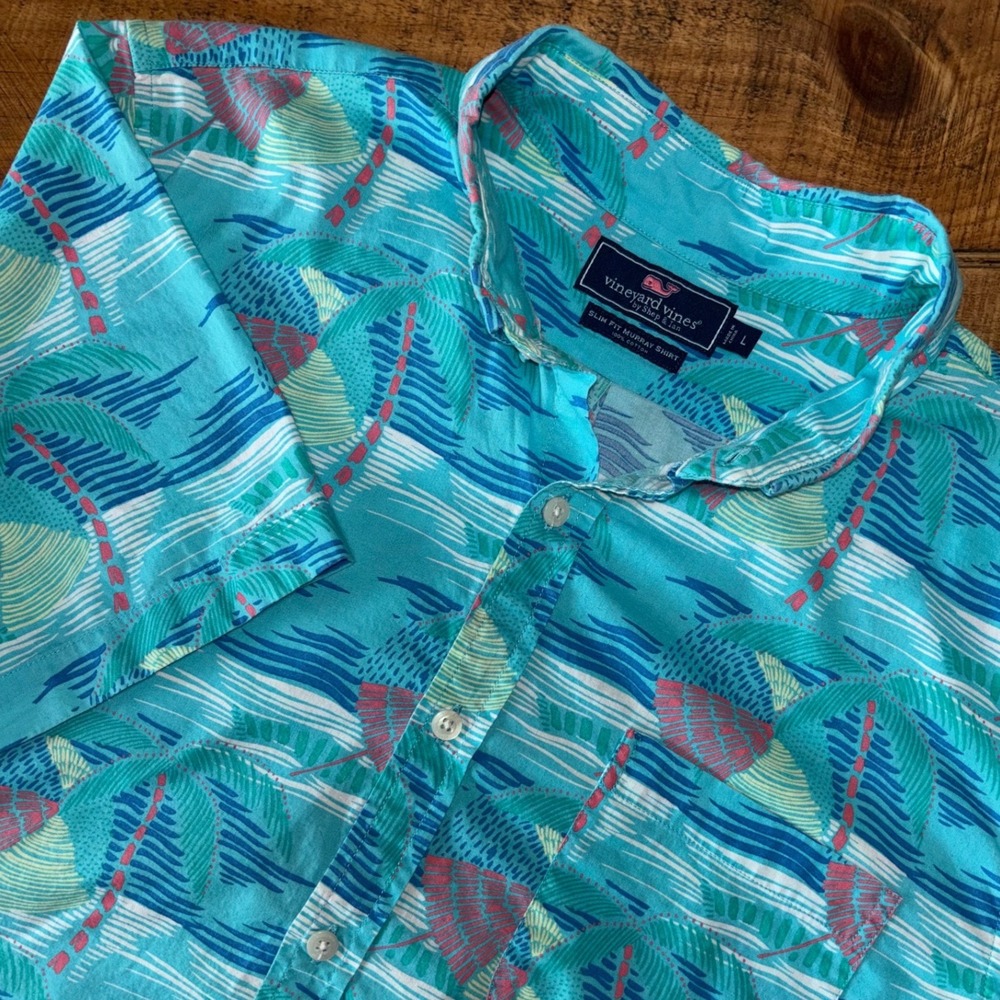 Vineyard Vines Mens Slim Fit Murray Shirt Blue Tropical‎ Short Sleeve Size L